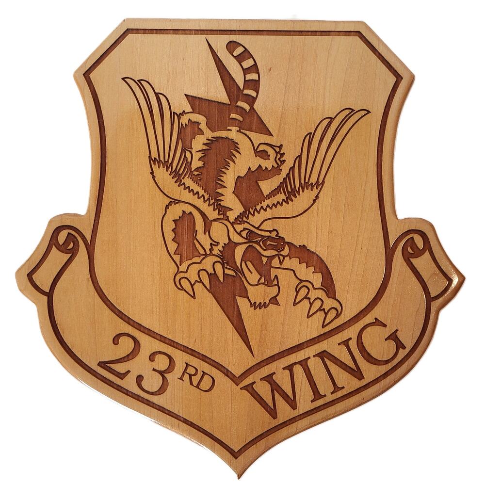 United States Air Force USAF 23rd Wing Flying Tigers Emblem Wood Engraved Plaque